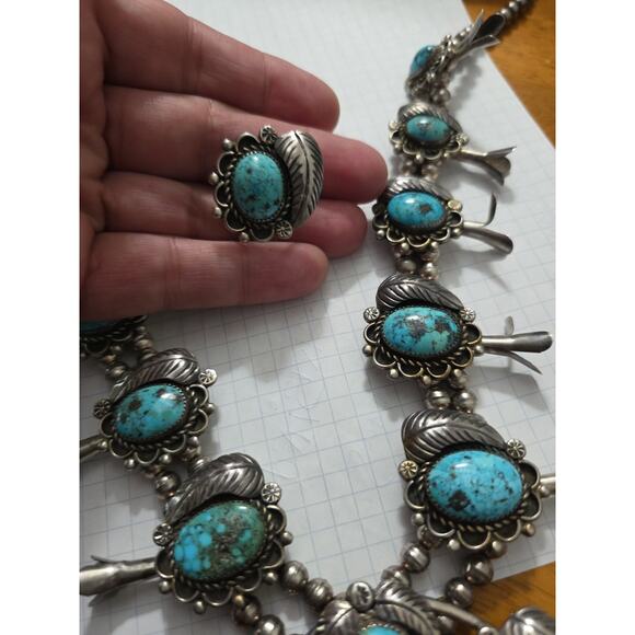 Early Navajo Indian KINGMAN Turquoise Sterling Silver Squash Blossom Necklace - Picture 3 of 16